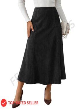 Faux Suede High Waist A-Line Midi Skirt for Work Office Business Casual